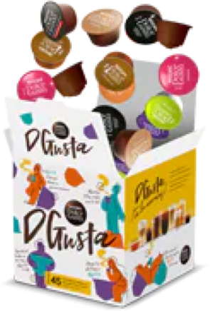 Selection of Dolce Gusto coffee pods in a box.